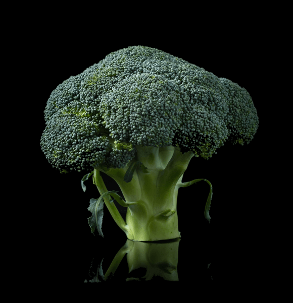 Fresh broccoli against a black background.